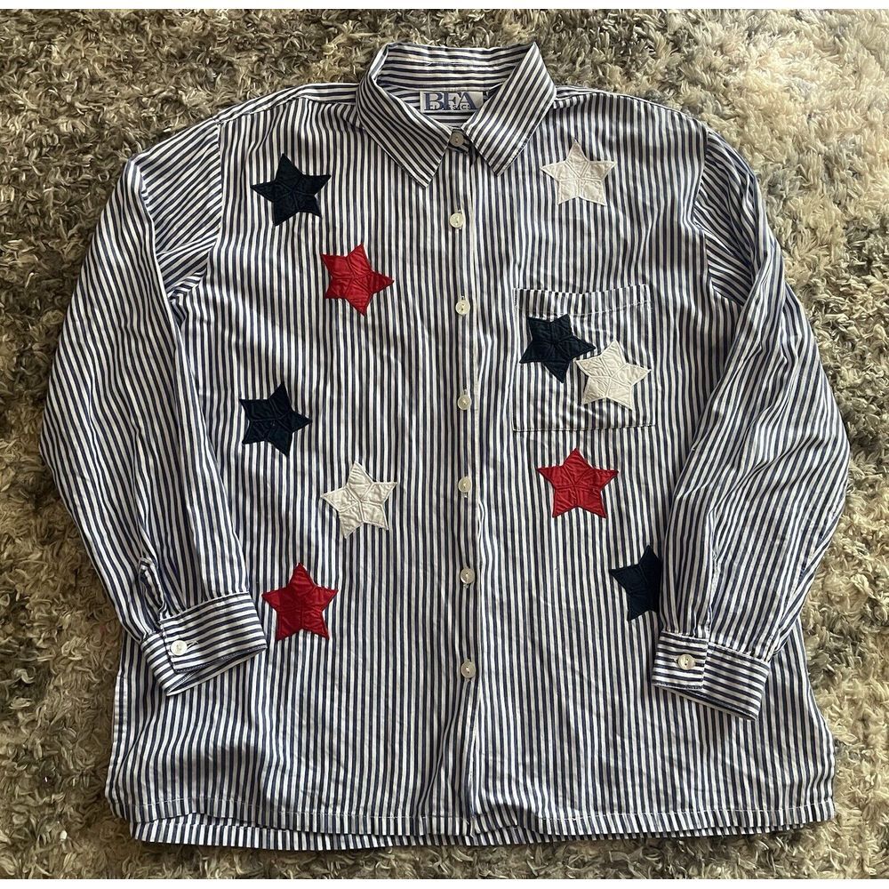 BFA Classics Blue Striped Button Up Blouse Sz XL Patriotic Stars And Stripes